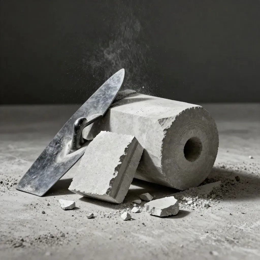 Core drill sample, trowel blade and aggregate fragments on pale concrete in dramatic studio light