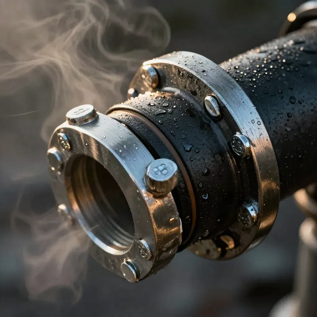 Black pipe elbow, PTFE gasket ring, and flange bolts on brushed metal with warm vapor