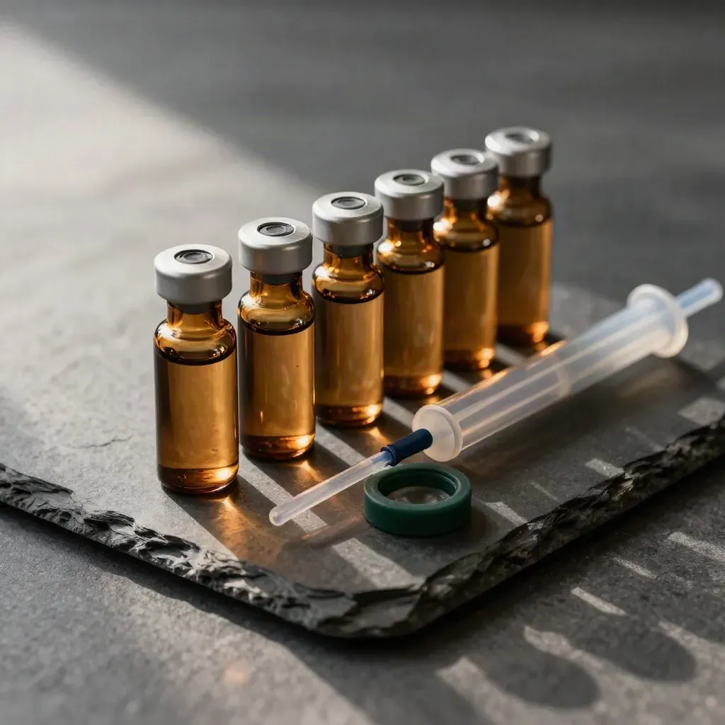 Amber sample vials, stainless ampoules, and a coiled PTFE tube on dark stone in soft editorial light.
