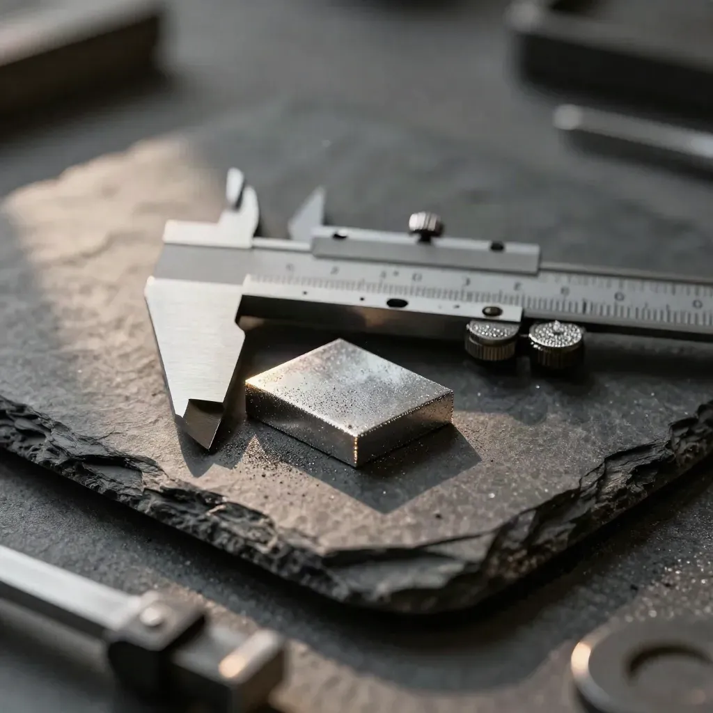 Macro steel coupon, angle square, and caliper on slate with grinding dust