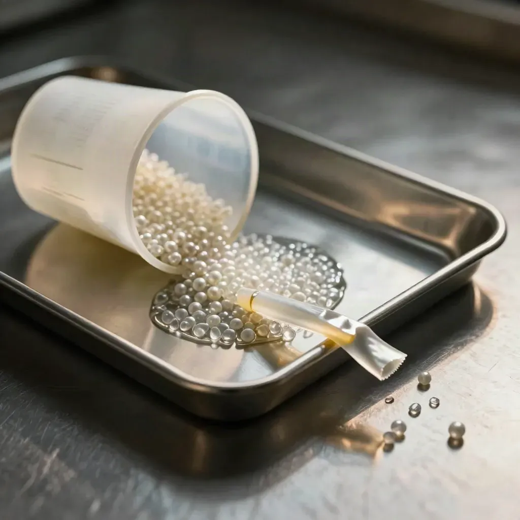 Clear polymer pellets spill in a stainless tray beside a cut strand and measuring cup.