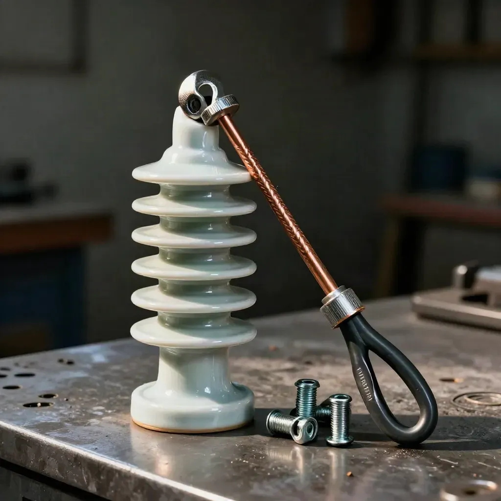 Porcelain insulator, cable lug and torque head on blackened steel