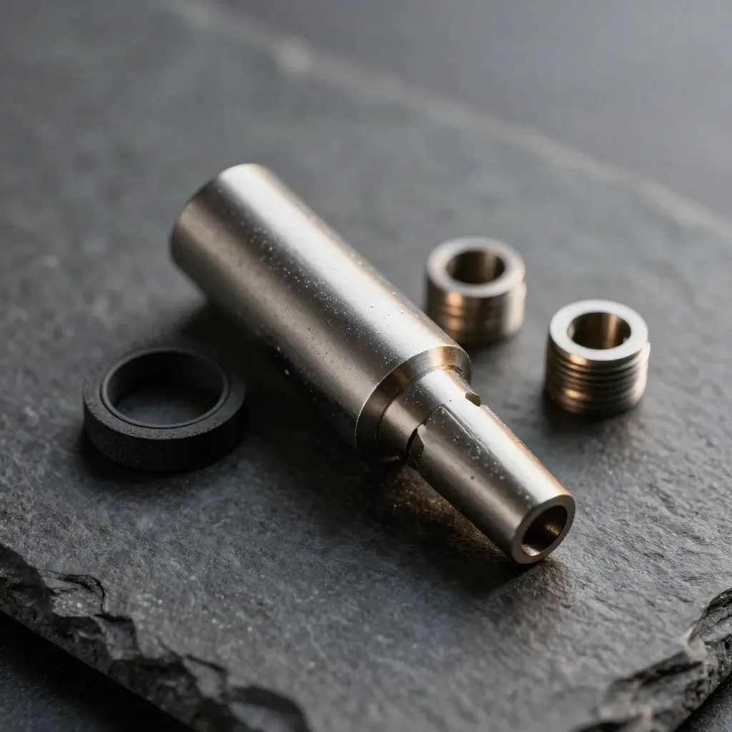 Macro of a stainless stack-sampling probe with gasket ring and adapters on graphite stone.