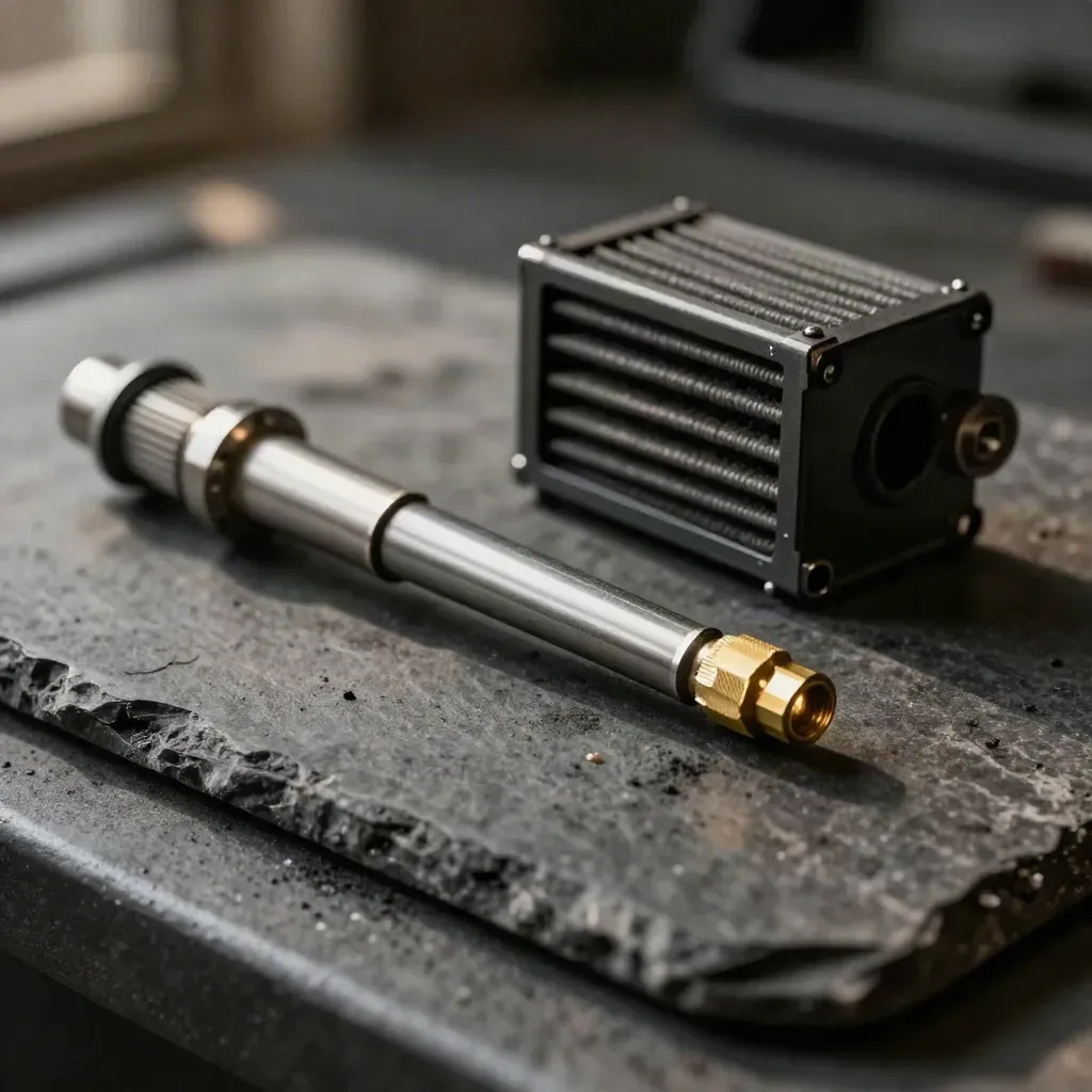 Pitot tube beside a soot-dark filter cassette and brass fitting on matte stone.