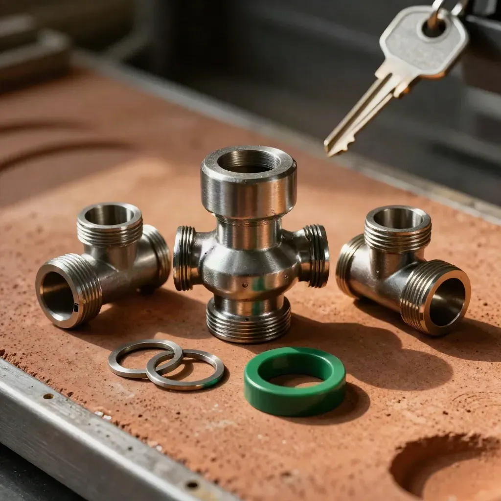 Pipe elbows, reducer, and blank flanges arranged on a terracotta slab with a deep green gasket ring.
