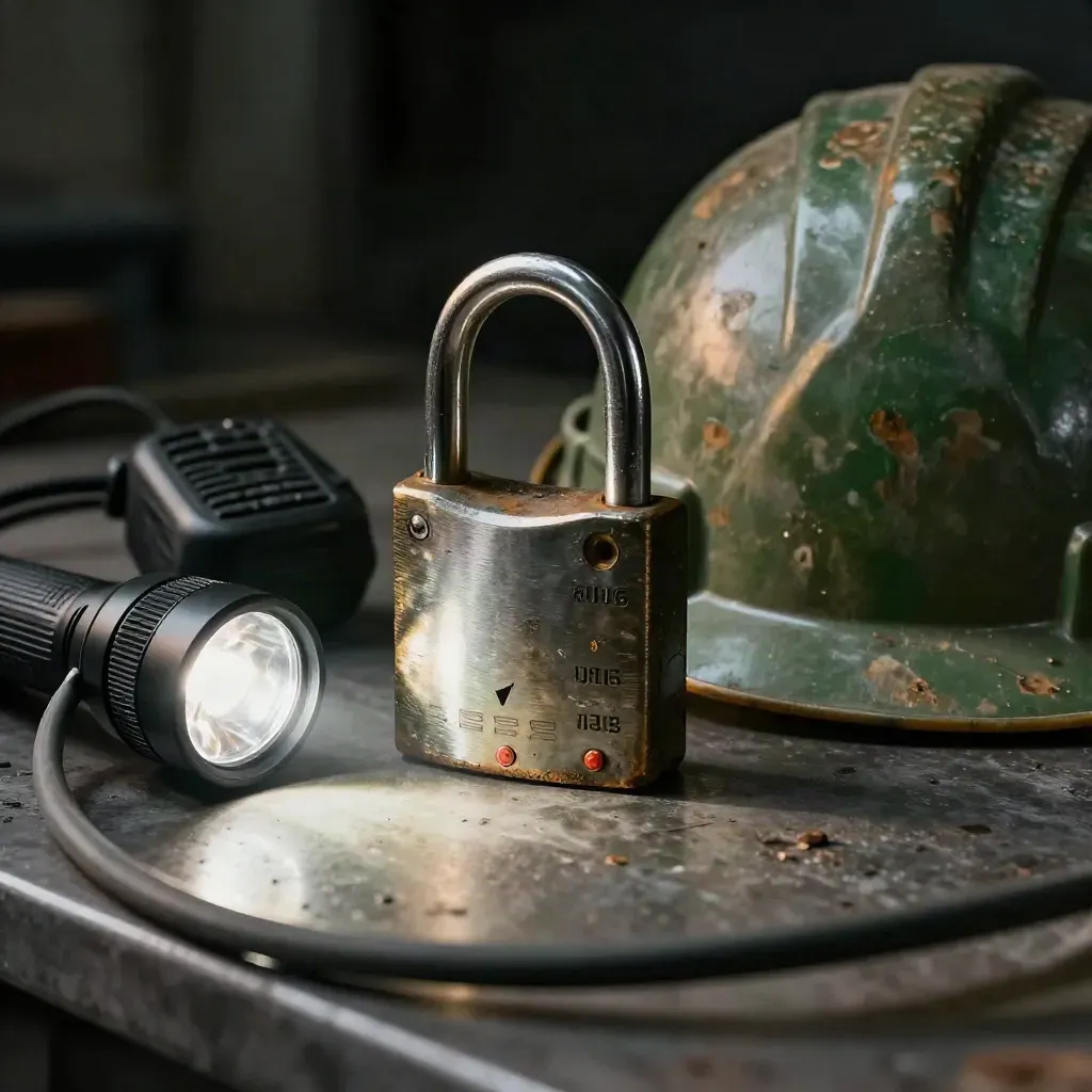 Lockout padlock, flashlight, radio handset and hard hat on a steel bench, seen past a blurred cable loop.