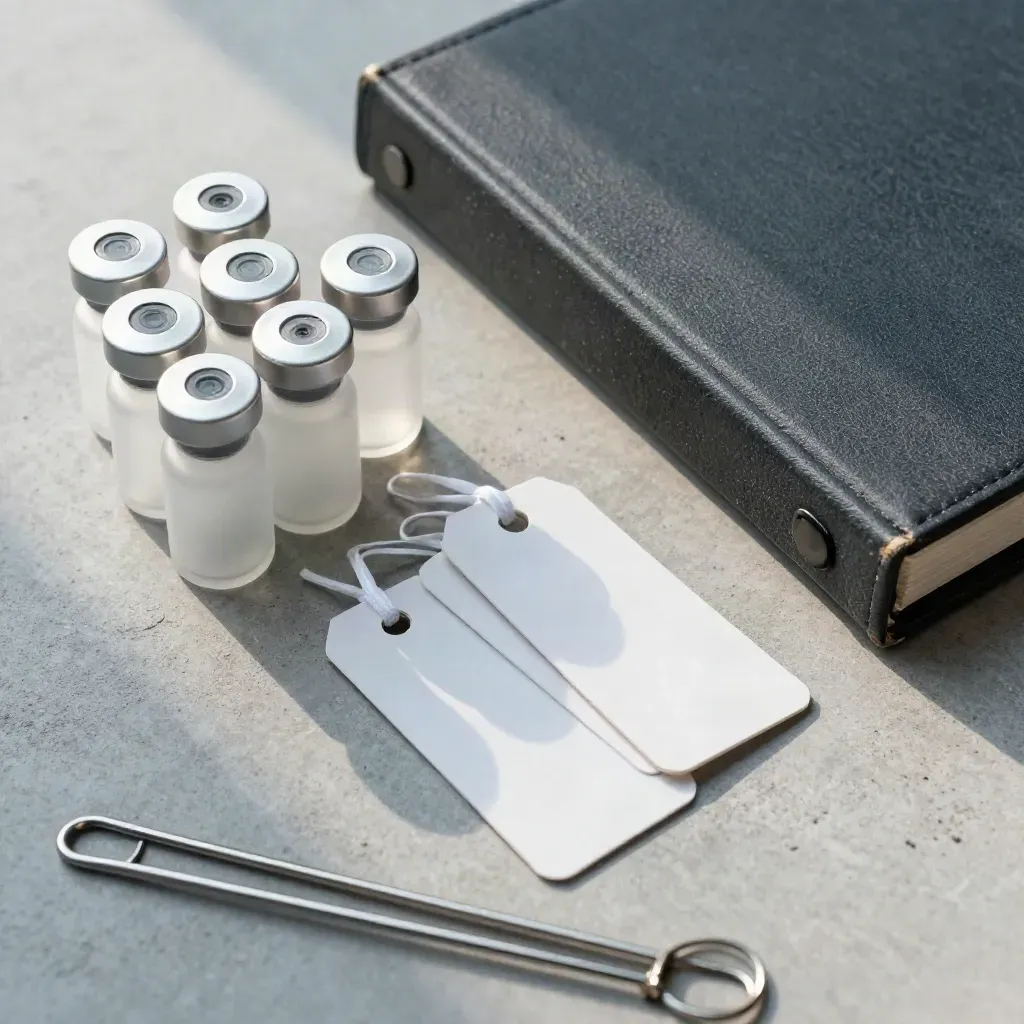 Flat lay of sample vials, reusable tags, and a closed binder on pale concrete with soft daylight.