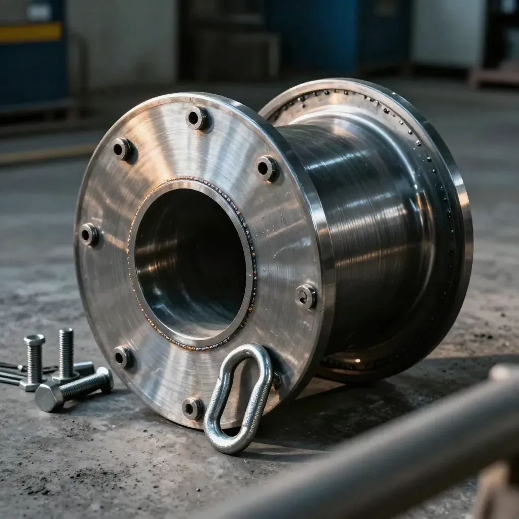 Steel pipe spool mockup with shackle, bolts, and shims in a hazy fabrication bay.