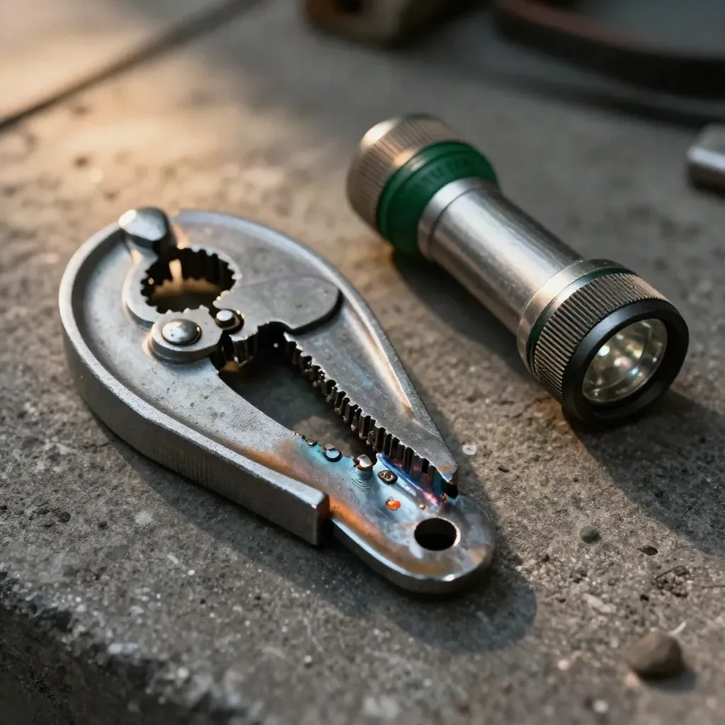 Steel clamp, weld coupon, and flashlight on dark concrete with moody workshop haze.