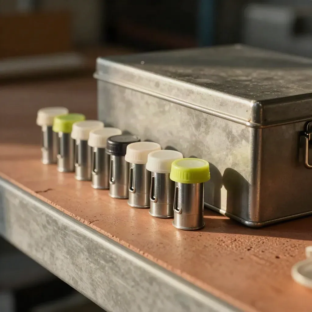 Procurement clips, sealed sample caps, and a metal archive box on terracotta concrete.