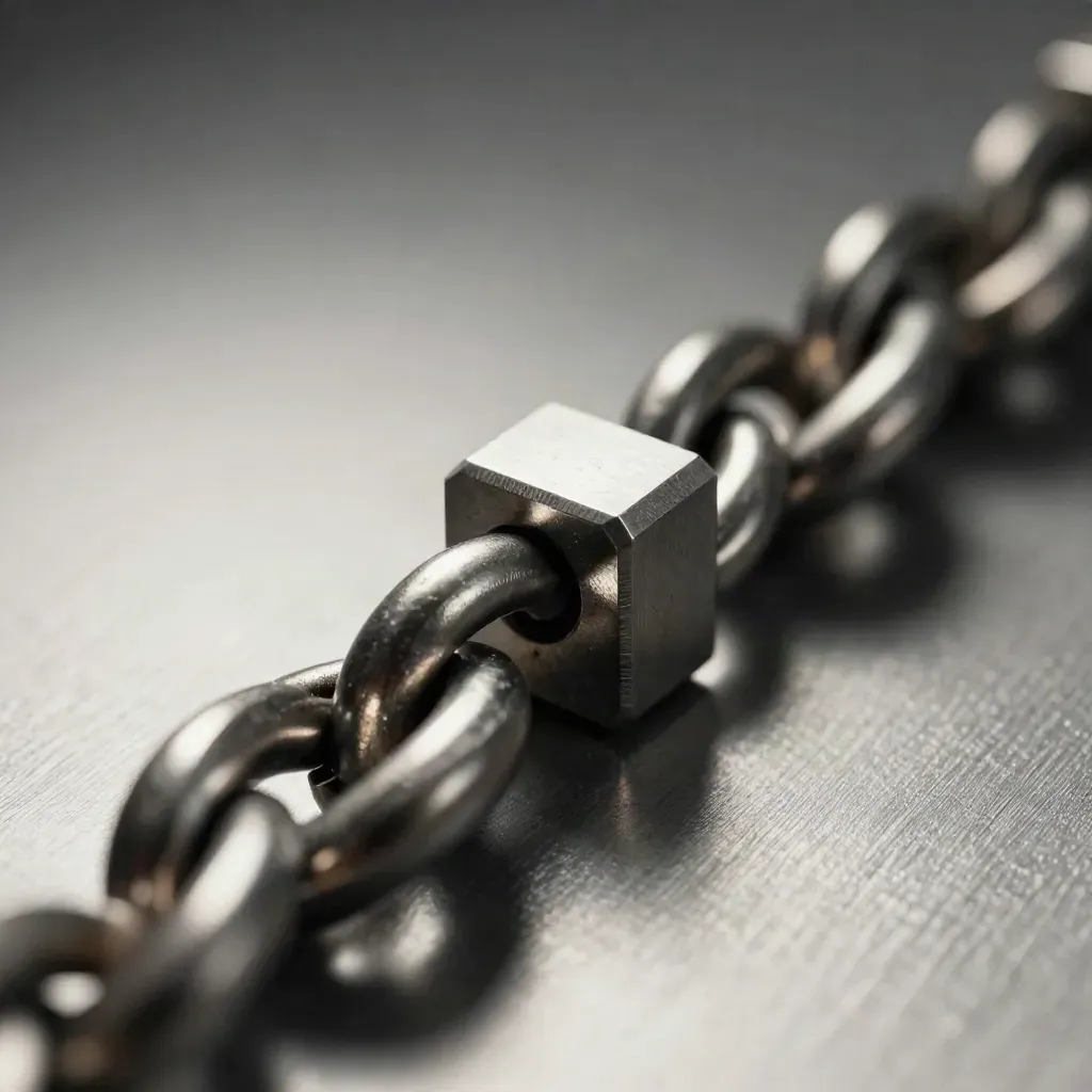 Linked steel rings, machined connector, and magnetic block on brushed aluminum in macro.