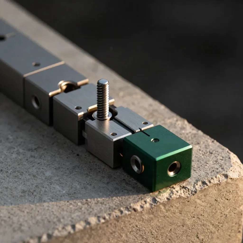 Macro still life of grey modular carbon parts climbing across rough concrete with a green accent.