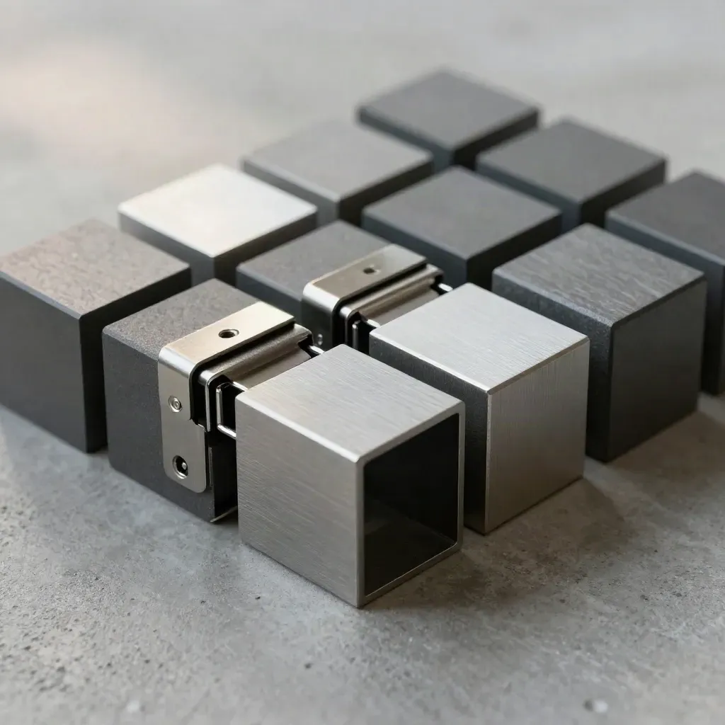 Top-down macro of modular metal blocks linked by clips on concrete