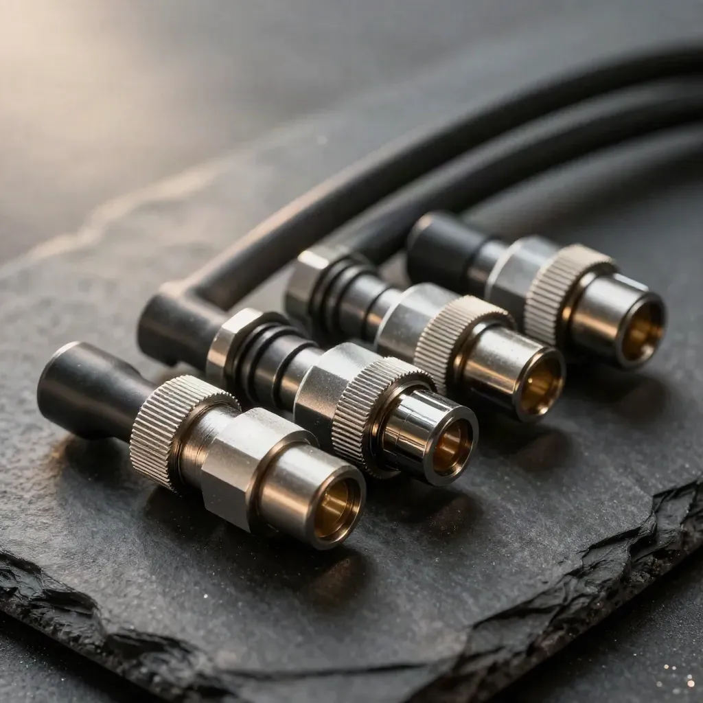 Precision cable connectors and stacked modules on dark slate with soft workshop haze.